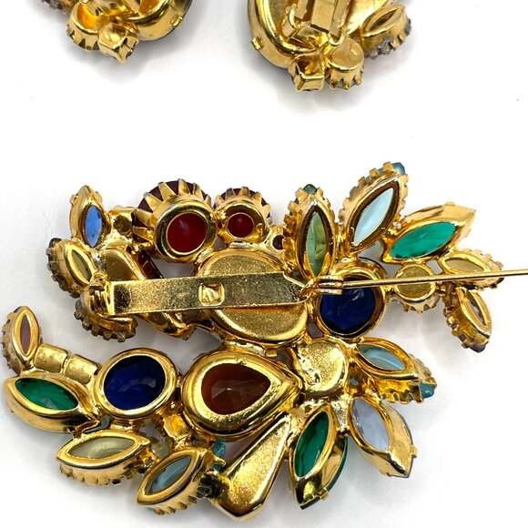 Vintage Unsigned Tutti Frutti Fruit Salad Rhinestone Brooch Clip Earrings Set - Picture 8 of 13